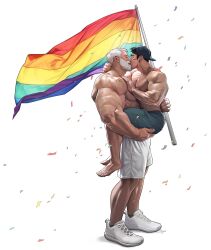  2boys age_difference bara black_hair carrying carrying_person closed_eyes confetti flag full_body green_hat green_shorts hand_on_another&#039;s_chest hand_on_another&#039;s_neck hat highres holding holding_flag kissing lgbt_pride male_focus multiple_boys original rainbow_flag rainbow_flag_tattoo shoes shorts silverjow sneakers standing topless_male ulric_(silverjow) wei_(silverjow) white_footwear white_hair white_shorts yaoi 