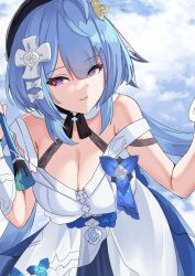  absurdres aged_up bare_shoulders black_beret blue_hair blue_sky breasts cleavage cloud cloudy_sky commentary cowboy_shot dress female griseo griseo_(starry_impression) hair_ornament highres holding holding_paintbrush honkai_(series) honkai_impact_3rd large_breasts leaning_forward light_blue_hair looking_at_viewer medium_hair paintbrush purple_eyes purple_pupils sky smile solo strap_slip tian_kazuki white_dress 