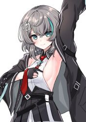  aqua_eyes aqua_hair arm_up armpits belt black_gloves black_jacket black_skirt blush breasts commentary_request counter:side female gloves grey_hair hair_between_eyes hair_ornament halterneck high-waist_skirt highres jacket korean_commentary light_smile long_sleeves looking_at_viewer losvje1024 medium_hair multicolored_hair necktie noelle_(counter:side) open_clothes open_jacket partially_fingerless_gloves presenting_armpit red_necktie sideboob skirt solo streaked_hair wide_sleeves 