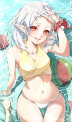  absurdres ahoge blush breasts elf female food fruit highres looking_at_viewer mushoku_tensei navel ocean official_alternate_hair_length official_alternate_hairstyle open_mouth pointy_ears red_eyes saico_isshin short_hair small_breasts smile solo swimsuit sylphiette_(mushoku_tensei) watermelon wet white_hair 