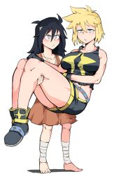  2girls absurdres antares_topaz bandaged_ankle bandaged_arm bandages bare_shoulders barefoot belt belt_buckle black_gloves black_hair black_tank_top blonde_hair blue_belt blue_eyes blush boots breasts buckle collarbone confused cygni_boreas_lluminal english_commentary feet gloves highres hip_vent jewelry large_breasts lifting_person lolicon long_bangs long_hair long_neck looking_at_another medium_hair messy_hair mother_and_daughter multiple_girls narrowed_eyes necklace pink_eyes pout side_ahoge sparkling_eyes star_linker strong tank_top thick_thighs thighs toenails toned topaz_(antares_topaz) two-tone_eyes white_background 