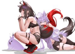  2girls absurdres ahoge animal_ear_fluff animal_ears aqua_eyes black_footwear black_gloves black_hair black_shorts black_sports_bra black_tail black_thighhighs braid commentary_request dual_persona fox_ears fox_girl fox_tail fubuzilla_(shirakami_fubuki) gloves highres hololive kuroi_suna kurokami_fubuki long_hair long_sleeves looking_at_viewer multiple_girls navel pentagram red_eyes red_tail shirakami_fubuki shirakami_fubuki_(1st_costume) shorts single_braid single_thighhigh sports_bra squatting stomach tail thigh_strap thighhighs transparent_background virtual_youtuber white_hair white_tail wide_sleeves 