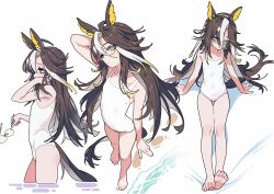  animal_ears barefoot blue_eyes brown_hair closed_mouth commentary dream_journey_(umamusume) female flat_chest glasses highres holding holding_removed_eyewear horse_ears horse_girl horse_tail long_hair looking_at_viewer multicolored_hair multiple_views one-piece_swimsuit sarcophage simple_background sitting standing streaked_hair swimsuit tail toes umamusume unworn_eyewear white_background white_hair white_one-piece_swimsuit 