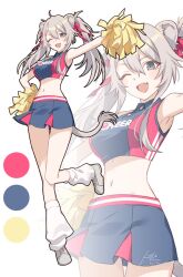  :d alternate_costume alternate_hairstyle animal_ears breasts cheerleader clothes_writing color_guide female full_body grey_eyes grey_hair hair_ribbon hand_on_own_hip highres hololive large_breasts lion_ears lion_girl lion_tail long_hair looking_at_viewer navel oerba_yun_fang one_eye_closed pleated_skirt pom_pom_(cheerleading) red_ribbon ribbon shishiro_botan signature skin_fang skirt smile socks solo standing standing_on_one_leg stomach tail tomari_(veryberry00) twintails virtual_youtuber white_socks zoom_layer 