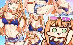  :d ass bare_shoulders bead_bracelet bead_necklace beads bikini blue_bikini blue_nails bracelet breasts chibi cleavage clothes_pull commentary commentary_request earrings eyewear_on_head female gakuen_idolmaster green_eyes grin idolmaster jazz_jack jewelry kimi_to_semi_blue_(idolmaster) long_hair looking_at_viewer mole mole_under_eye multiple_views navel necklace one_eye_closed open_mouth orange_hair red_nails shiun_sumika shorts shorts_pull smile spread_legs sunglasses swimsuit thigh_strap yellow_nails 