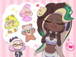  2girls alternate_costume animal_costume animal_ears closed_eyes confused costume fangs hands_on_own_cheeks hands_on_own_face imagining marina_(splatoon) mian_noodle mole mole_under_mouth multiple_girls navel_piercing pearl_(splatoon) piercing splatoon_(series) splatoon_3 sports_bra 