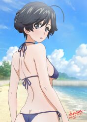  ahoge alternate_hair_length alternate_hairstyle artist_name ass back beach bikini black_eyes black_hair blue_sky breasts cloud cloudy_sky commentary dated day female from_behind girls_und_panzer hair_bun hair_up halterneck isuzu_hana looking_at_viewer looking_back medium_breasts open_mouth outdoors purple_bikini sakayaya short_hair side-tie_bikini_bottom signature sky solo standing swimsuit 