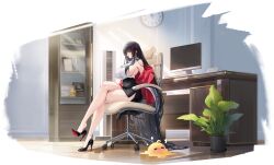  alvitr_(azur_lane) alvitr_(muspel&#039;s_torrid_secrets)_(azur_lane) artist_request azur_lane bare_shoulders black_hair black_skirt breasts chair computer crossed_legs female full_body high_heels highres indoors large_breasts long_hair manjuu_(azur_lane) off_shoulder office_chair official_art open_clothes plant red_eyes sitting skirt solo swivel_chair thighs very_long_hair 