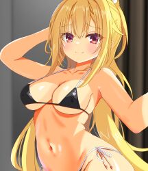  absurdres arihara_nanami bikini black_bikini blonde_hair breasts commentary_request female hair_between_eyes highres large_breasts long_hair looking_at_viewer red_eyes sakuratoru side-tie_bikini_bottom solo swimsuit very_long_hair yuzu-soft 