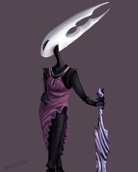  2024 2_horns 4_fingers anthro arthropod artist_name black_arms black_eyes black_hands black_legs black_neck clothed clothing derpature digital_media_(artwork) dress english_text female fingers hi_res holding_melee_weapon holding_object holding_sword holding_weapon hollow_knight horn hornet_(hollow_knight) jewelry melee_weapon nail_(weapon) necklace simple_background solo standing sword team_cherry text weapon white_head 