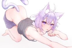  :p absurdres ahoge all_fours animal_ear_fluff animal_ears ass barefoot camisole cat_ears cat_girl cat_stretch cat_tail clothes_pull collarbone commentary_request crossed_bangs eto_(eto96-1114) female grey_camisole hair_between_eyes highres hololive medium_hair nekomata_okayu nekomata_okayu_(membership) no_panties official_alternate_costume official_alternate_hairstyle parted_bangs paw_pose purple_eyes purple_hair purple_shorts short_shorts shorts shorts_pull simple_background solo stretching tail tongue tongue_out top-down_bottom-up two_side_up virtual_youtuber white_background 