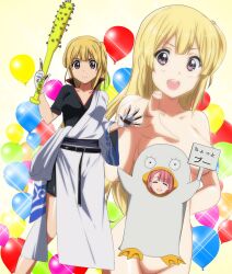  22/7 alternate_costume balloon baseball_bat black_shirt blonde_hair censored center-flap_bangs character_censor closed_mouth collarbone completely_nude cosplay fujima_sakura gentoku gintama gloves hadanugi_dousa highres holding holding_baseball_bat holding_sign japanese_clothes kamiki_mikami kigurumi kimono long_hair looking_at_viewer nail nail_bat novelty_censor nude open_clothes open_kimono open_mouth pink_hair pointing pointing_at_viewer purple_eyes sakata_gintoki sakata_gintoki_(cosplay) shirt sidelocks sign single_hair_ring smile sparkle standing teeth upper_teeth_only white_gloves white_kimono yellow_background 