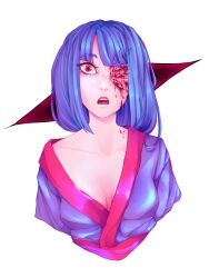  absurdres blood blood_from_eyes blood_on_face body_horror borrowed_character breasts cleavage collarbone commentary cropped_torso emi_(masa) english_commentary extra_eyes female highres japanese_clothes kimono kitsune_no_yomeiri_(vocaloid) looking_at_viewer medium_hair oni_to_kitsune_no_hanashi open_mouth pink_sash purple_hair purple_kimono red_eyes sash shishikusas small_breasts solo teeth transparent_background upper_body upper_teeth_only vocaloid 