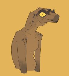  2024 anthro brown_body digital_media_(artwork) dinosaur extinct half-length_portrait looking_at_viewer male nude portrait prehistoric_species reptile scalie simple_background solo yellow_background yellow_eyes zagz 