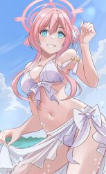  bare_arms bare_legs bare_shoulders bikini blue_archive blue_eyes breasts collarbone cowboy_shot day female grin hair_between_eyes hair_bun halo highres long_hair medium_breasts mimori_(blue_archive) mimori_(swimsuit)_(blue_archive) navel nikulas_cage official_alternate_costume outdoors pink_hair pink_halo sarong see-through see-through_sarong single_side_bun smile solo swimsuit white_bikini white_sarong 