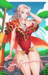  cape casual_one-piece_swimsuit edelgard_von_hresvelg edelgard_von_hresvelg_(summer) female fire_emblem fire_emblem:_three_houses fire_emblem_heroes flower frilled_one-piece_swimsuit frills highres off-shoulder_one-piece_swimsuit off_shoulder official_alternate_costume one-piece_swimsuit orange_flower purple_eyes radiostarkiller red_cape red_one-piece_swimsuit smile solo swimsuit 