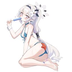  alternate_hairstyle animal ass bare_arms bare_legs bare_shoulders barefoot bikini black_hairband blue_archive blue_bikini blush breasts female flower full_body grey_hair grey_halo hair_flower hair_ornament hairband halo heart highres himari_(blue_archive) inapple long_hair looking_at_viewer mole mole_under_eye navel pointy_ears ponytail purple_eyes simple_background small_breasts solo starfish striped_clothes striped_hairband swimsuit toes tongue tongue_out white_background white_flower wrist_cuffs 