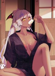  absurdres black_kimono breasts breasts_apart commentary_request dark-skinned_female dark_skin feet_out_of_frame female food food_in_mouth head_wings highres holding holding_food holding_popsicle indie_virtual_youtuber japanese_clothes kimono long_hair looking_at_viewer medium_bangs medium_breasts nantoko open_mouth plaid_clothes plaid_kimono popsicle popsicle_in_mouth porch red_wings sexually_suggestive shouji sitting sliding_doors solo valiana_s_tinegarnet very_long_hair virtual_youtuber white_hair wings 