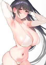  absurdres armpits arms_up bare_shoulders bikini black_eyes black_hair blush breasts elbow_gloves female gloves highres inushima large_breasts long_hair micro_bikini mole mole_under_mouth navel original simple_background swimsuit white_background white_bikini 