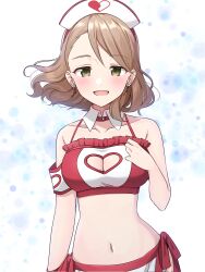  bare_shoulders blue_background blush bow breasts brown_hair cleavage_cutout clothing_cutout collar collarbone crop_top cropped_shirt detached_collar dot_nose earrings female floating_hair green_eyes halterneck hand_up hat heart heart_cutout heart_earrings heart_print highres idolmaster idolmaster_cinderella_girls idolmaster_cinderella_girls_starlight_stage jewelry large_breasts looking_at_viewer midriff mntt_re4 navel nurse_cap open_mouth print_headwear red_bow red_shirt sash shirt short_hair sleeveless sleeveless_shirt smile solo upper_body white_collar white_sash yanagi_kiyora 