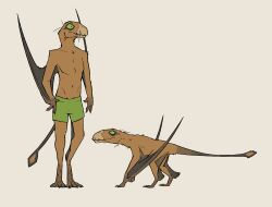  2023 3_toes anthro biped bottomwear clothed clothing digital_media_(artwork) dimorphodon feet feral front_view green_eyes hi_res male membrane_(anatomy) membranous_wings nude quadruped shorts side_view simple_background standing tail toes topless white_background winged_arms wings zagz 