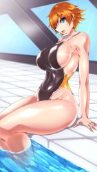  black_one-piece_swimsuit blue_eyes breasts byakkun_(byakkun8181) competition_swimsuit feet_out_of_frame female highleg highleg_swimsuit highres igawa_sakura indoors large_breasts one-piece_swimsuit orange_hair poolside rei_no_pool short_hair soaking_feet solo swimsuit taimanin_(series) two-tone_swimsuit water 