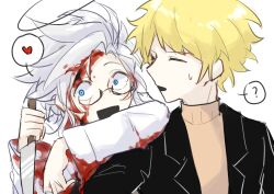  2boys ? absurdres arm_on_another&#039;s_shoulder atou_haruki black_jacket blonde_hair blood blood_in_hair blood_on_clothes blood_on_face blue_eyes brown_sweater chinese_commentary closed_eyes commentary_request constricted_pupils glasses heart highres holding holding_knife jacket kanou_aogu knife long_sleeves male_focus multiple_boys oganessonishere open_clothes open_jacket open_mouth saibou_shinkyoku semi-rimless_eyewear short_hair smile spoken_heart spoken_question_mark sweat sweater turtleneck turtleneck_sweater white_hair 