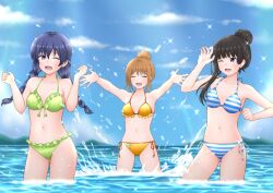  3girls aoi_hito bikini black_hair blue_bikini blue_hair blue_sky blunt_bangs breasts cinderella_series closed_eyes cloud day frilled_bikini frills green_bikini grey_eyes hachigatsu_no_cinderella_nine hair_bun kondou_saki light_brown_hair low_twintails medium_breasts multiple_girls nagai_kanako navel nitta_minako outdoors ponytail side-tie_bikini_bottom sky splashing standing striped_bikini striped_clothes swimsuit twintails wading water yellow_bikini 