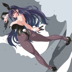  animal_ears bare_shoulders black_leotard black_pantyhose blue_hair blush bow bowtie breasts clip_(weapon) dd_(ijigendd) detached_collar fake_animal_ears fake_tail female gun handgun highleg highleg_leotard highres holding_clip_(weapon) large_breasts leotard long_hair looking_at_viewer original pantyhose pink_eyes playboy_bunny rabbit_ears rabbit_tail solo strapless strapless_leotard tail traditional_bowtie weapon wrist_cuffs 