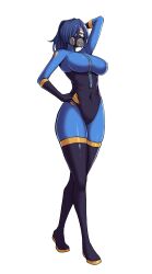  absurdres arm_behind_head blu_pyro_(tf2) blue_bodysuit blue_eyes blue_footwear blue_gloves blue_hair bodysuit boots breasts commission covered_navel female full_body gas_mask gloves hair_over_one_eye hand_on_own_hip highres large_breasts long_hair looking_at_viewer mask non-web_source peach88 ponytail pyro_(tf2) simple_background solo team_fortress_2 thigh_boots white_background zipper 