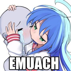  1other =_= ahoge blue_hair blush closed_eyes commentary crying emuach_(meme) english_commentary faceless female green_eyes hands_on_another&#039;s_head impact_(font) izumi_konata kissing long_hair long_sleeves lucky_star meme mole mole_under_eye raviolimavioli red_sailor_collar ryouou_school_uniform sailor_collar sailor_shirt school_uniform serafuku shirt simple_background sleeves_past_wrists streaming_tears tears upper_body very_long_hair white_background white_shirt 