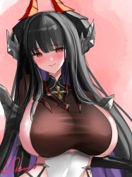  alvitr_(azur_lane) azur_lane black_gloves black_hair blush bodystocking breasts closed_mouth commentary_request covered_navel elbow_gloves fake_horns female gloves hisin horns huge_breasts latex latex_gloves leotard long_hair looking_at_viewer red_eyes shiny_skin shirt sideboob sideless_outfit signature smile solo upper_body 