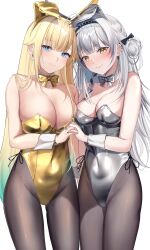  2girls absurdres aizawa_ema animal_ear_hairband animal_ears aqua_hair aqua_nails bare_shoulders black_bow black_hair black_hairband black_nails black_streaks blonde_hair blue_eyes blue_pupils blush bow bowtie braid breasts brown_pantyhose cat_earrings commentary_request covered_navel detached_collar diamond-shaped_pupils diamond_(shape) ear_piercing earrings fake_animal_ears frilled_hairband frills ginjo_saine gold_leotard gradient_hair grey_bow grey_bowtie grey_hair grey_leotard hair_bun hair_flaps hairband hairbow highleg highleg_leotard highres holding_hands interlocked_fingers jewelry kairi_(miry666) large_breasts leotard light_smile long_hair looking_at_viewer medium_breasts mole mole_under_eye multicolored_hair multiple_girls nervous pantyhose piercing playboy_bunny rabbit_ear_hairband rabbit_ears side-tie_leotard side_braid silver_leotard spiked_hairband spikes standing strapless strapless_leotard streaked_hair symbol-shaped_pupils very_long_hair virtual_youtuber vspo! wrist_cuffs yellow_bow yellow_bowtie yellow_eyes yellow_leotard 