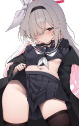  absurdres black_coat black_hairband black_sailor_collar black_serafuku black_shirt black_skirt black_thighhighs blue_archive blush bow breasts closed_mouth clothes_lift coat colored_inner_hair commentary female grey_eyes grey_hair hair_over_one_eye hairband hairbow halo highres koba_(kobako42) long_hair multicolored_hair navel neckerchief open_clothes open_coat pink_hair plana_(blue_archive) pleated_skirt red_halo sailor_collar school_uniform serafuku shirt skirt skirt_lift small_breasts solo stomach thighhighs two-tone_hair underboob very_long_hair white_bow white_neckerchief 