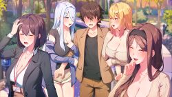  1boy 4girls black_hairband black_shirt blonde_hair blush breasts brown_hair cleavage closed_eyes collarbone faceless faceless_male game_asset grabbing_another's_arm grey_hair hair_ornament hairband hairclip hand_to_own_mouth hand_up highres id_card jacket jacket_partially_removed jewelry large_breasts long_sleeves multiple_girls necklace non-web_source off-shoulder_sweater off_shoulder office_lady official_art open_mouth outdoors pants red_eyes s.u._(simpleu818) self-datamine shinonome_ayano shinonome_kasumi shinonome_shizuku shirt shorts sizuko_(summer_clover) skull_hair_ornament smile suit summer_clover sweater white_shirt x_hair_ornament 