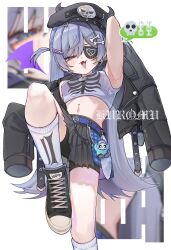  absurdres alternate_costume arm_behind_head armpits belt black_hat black_jacket black_shoes black_skirt blue_belt blue_eyes blue_streaks blush bone_hair_ornament chains character_name commentary cropped_shirt doom_yorusen eyepatch female grey_hair hair_between_eyes hair_ornament hairclip hat highres horned_hat jacket jacket_partially_removed lock long_hair looking_at_viewer midriff multicolored_hair navel navel_piercing piercing pleated_skirt shirt shoes short_twintails simple_background skeleton_print skirt skull sleeves_past_fingers sleeves_past_wrists slit_pupils sneakers socks solo speech_bubble standing streaked_hair twintails untranslatable_commentary virtual_youtuber vspo! white_background white_shirt white_socks yano_kuromu 