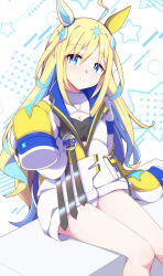  ahoge animal_ears badge bandeau black_bandeau blonde_hair blue_eyes blue_hair blush breasts bright_pupils button_badge cleavage closed_mouth colored_inner_hair commentary_request diamond_hair_ornament ear_covers female hair_between_eyes hair_ornament highres hiro_(pqtks113) horse_ears horse_girl jacket long_hair long_sleeves looking_at_viewer multicolored_hair neo_universe_(umamusume) neo_universe_(universe-naut)_(umamusume) single_ear_cover sitting sleeves_past_fingers sleeves_past_wrists small_breasts smile solo star_(symbol) two-tone_hair umamusume white_pupils 