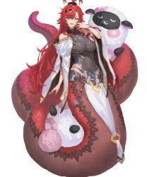  bare_shoulders black_scrunchie bracelet breasts capelet covered_navel fangs female fire_emblem fire_emblem_heroes full_body grey_leotard hair_ornament hair_scrunchie hand_to_own_mouth highres hip_armor holding holding_stuffed_toy holding_with_tail jewelry jormungandr_(fire_emblem) lamia large_breasts leotard long_hair looking_at_viewer monster_girl non-web_source official_art open_mouth panties pelvic_curtain prehensile_tail red_hair red_ribbon red_scales ribbon scales scrunchie slit_pupils solo stuffed_animal stuffed_sheep stuffed_toy tail taut_clothes thong thong_panties topknot transparent_background underwear very_long_hair white_capelet yellow_eyes yoshiku_(oden-usagi) 