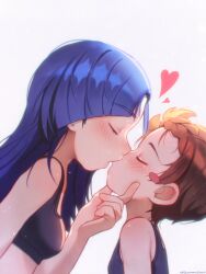  2girls absurdres age_difference blue_hair blush blush_stickers braid brown_hair closed_eyes commentary ear_piercing english_commentary grabbing_another's_chin hand_on_another's_chin highres kissing long_hair medalist_(manga) multiple_girls najucaju_naju okazaki_iruka onee-loli piercing short_hair simple_background sports_bra upper_body white_background yuitsuka_inori yuri 