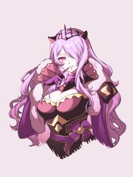  armor black_armor black_tiara breasts camilla_(fire_emblem) camilla_(light_of_nohr)_(fire_emblem) cape cleavage cloak commentary_request cropped_torso crown female finger_to_mouth fire_emblem fire_emblem_fates fire_emblem_heroes fur-trimmed_cape fur_cape fur_cloak fur_trim gloves grey_background hair_over_one_eye highres large_breasts long_hair looking_at_viewer minto71311 official_alternate_costume open_mouth parted_lips pink_eyes pink_hair purple_eyes purple_hair smile solo tiara very_long_hair wavy_hair 