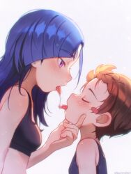 2girls absurdres after_kiss age_difference blue_hair blush blush_stickers braid brown_hair closed_eyes commentary ear_piercing english_commentary grabbing_another's_chin hand_on_another's_chin highres long_hair looking_at_another medalist_(manga) multiple_girls najucaju_naju okazaki_iruka onee-loli piercing purple_eyes saliva_swap short_hair simple_background sports_bra white_background yuitsuka_inori yuri 