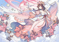  absurdres bird blue_eyes breasts brown_hair cleavage cloud commentary commission dress feathered_wings female flower full_body hair_between_eyes halo hand_on_own_chest hand_up highres im_honeybread large_breasts layered_sleeves long_hair long_sleeves nail_polish orange_nails original parted_lips pink_flower pink_rose planet rose short_over_long_sleeves short_sleeves sleeves_past_wrists solo standing white_dress white_wings wings 