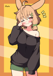  :3 absurdres ahoge animal_ears arknights artist_name black_sweater blush bow breasts brown_hair collarbone commentary_request cowboy_shot female green_bow green_shorts hair_ornament hairbow hairclip hendra highres kroos_(arknights) long_sleeves looking_at_viewer low-tied_sidelocks medium_breasts notice_lines off_shoulder one_eye_closed parallel_hairclips puffy_long_sleeves puffy_sleeves rabbit_ears rabbit_girl red_eyes short_hair short_shorts shorts sidelocks simple_background sleeves_past_fingers sleeves_past_wrists solo sweater yellow_background 