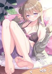  bare_legs bare_shoulders barefoot black_bra blush bow bow_bra bra breasts brown_hair brown_shirt cleavage collarbone collared_shirt commentary_request dress_shirt feet female flower foot_focus foreshortening hair_between_eyes hair_bun highres long_hair long_sleeves looking_at_viewer medium_breasts multicolored_hair off_shoulder open_clothes open_shirt original paid_reward_available petals presenting_foot purple_eyes purple_hair purple_shorts shirakawako shirt short_shorts shorts single_side_bun sleeves_past_wrists soles solo striped_clothes striped_shirt toes two-tone_hair underwear vertical-striped_clothes vertical-striped_shirt white_flower 