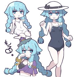  anniversary blue_eyes blue_hair blue_one-piece_swimsuit blush bracelet braid capelet commentary_request covered_navel dress female gold_bracelet hat highres jewelry long_hair metensa096 midriff moldimolt_(stella_glow) multiple_costumes multiple_views official_alternate_costume one-piece_swimsuit purple_capelet school_swimsuit side_capelet stella_glow sun_hat swimsuit twin_braids white_dress white_hat 