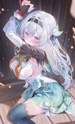  absurdres black_capelet black_hairband black_thighhighs bound bound_wrists breasts cape capelet commentary_request female firefly_(honkai:_star_rail) green_skirt grey_hair hair_intakes hairband highres honkai:_star_rail honkai_(series) large_breasts long_hair looking_at_viewer multicolored_eyes pekokota restrained shirt skirt solo thighhighs thighs torn_cape torn_clothes torn_shirt two-tone_eyes very_long_hair white_shirt 