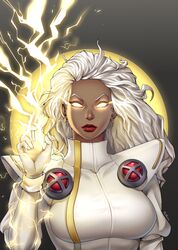  1girls big_breasts breasts dark-skinned_female dark_skin earrings female female_only fully_clothed glowing glowing_eyes lightning marvel marvel_comics ororo_munroe solo storm_(x-men) thotlerrr treartz white_clothing white_hair x-men x-men:_the_animated_series 