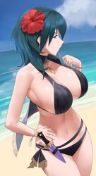  absurdres armpits bare_arms bare_shoulders beach bikini black_bikini blue_eyes blue_hair breasts cleavage collarbone female female_byleth_(fire_emblem) female_byleth_(summer)_(fire_emblem) fire_emblem fire_emblem:_three_houses fire_emblem_heroes flower from_side full_cleavage hair_between_eyes hair_ornament hand_on_own_hip hand_up hibiscus highres knife knife_sheath large_breasts long_hair looking_at_viewer looking_back looking_to_the_side navel ocean official_alternate_costume outdoors red_flower sheath shou_illust sideboob solo stomach swimsuit thighs 