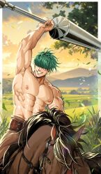  1boy abs absurdres arm_up armpits bara commentary commission fire_emblem fire_emblem:_the_blazing_blade green_hair hair_over_eyes highres holding holding_polearm holding_weapon horse horseback_riding ichisan large_pectorals lowen_(fire_emblem) male_focus more_muscular_than_canon multiple_scars muscular muscular_male navel nipples outdoors pectorals polearm riding scar second-party_source short_hair solo topless_male vgen_commission weapon 