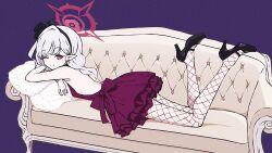  bare_back black_hairband black_shoes blue_archive blush bow breasts commentary couch dress earrings female fishnet_pantyhose fishnets fur_shawl hairband halo high_heels highres jewelry long_hair looking_at_viewer lying mutsuki_(blue_archive) mutsuki_(dress)_(blue_archive) nkymyura official_alternate_costume on_counter on_stomach one_eye_closed pantyhose pointy_ears purple_background purple_dress purple_eyes red_dress red_halo shawl shoes sleeveless sleeveless_dress small_breasts smile solo wavy_ends white_hair white_shawl 